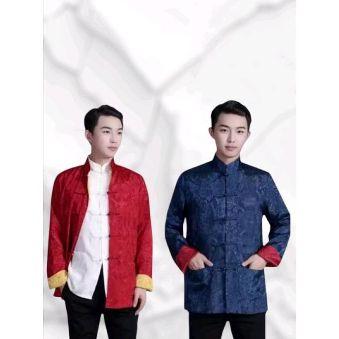 SUI SOUVENIR | CHEONGSAM ATASAN PRIA 2 WAYS / BAJU SANGJIT COWO MERAH GOLD  / Pria Dewasa