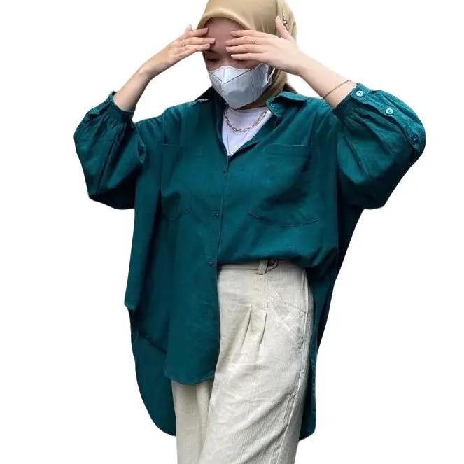 KEMEJA LINEN BALON KANCING OVERSIZE Atasan  Wanita  Crinkle Panjang Army Cewek Ivory Keren