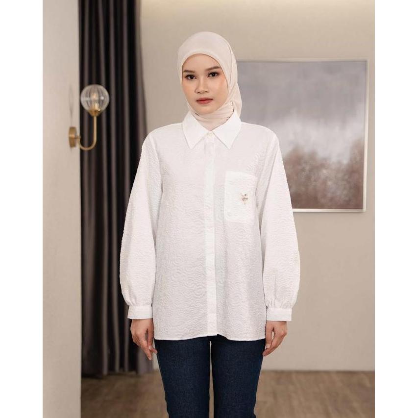 BEST SELLER MAYOUTFIT AZZURA SHIRT | BAJU LEBARAN KEMEJA PUTIH WANITA MOTIF TEXTURED AKSEN PAYET BEA