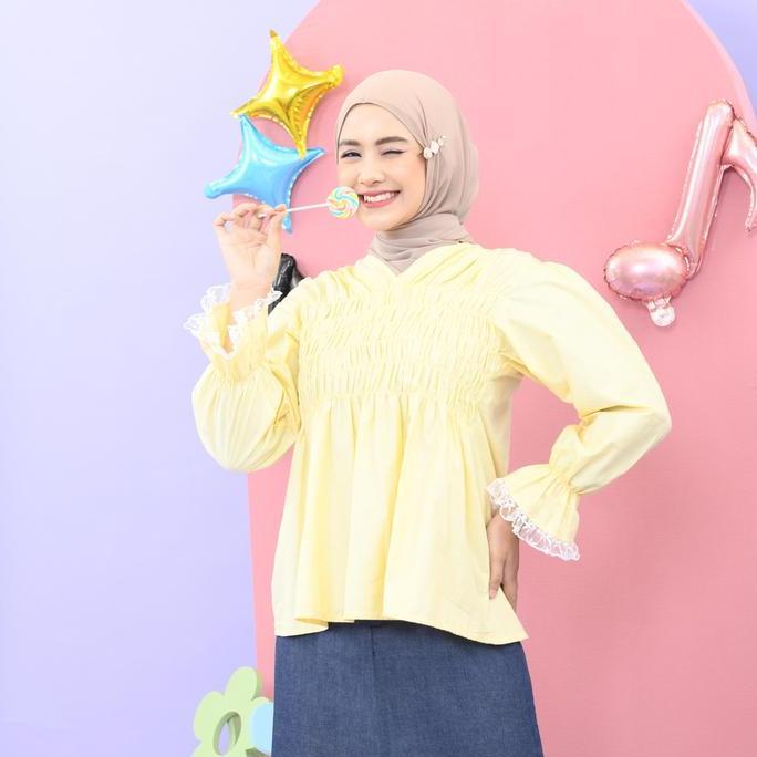 DISKON MYBAMUS ALAYA RUBBER BLOUSE POPLIN ATASAN KERUT DADA RENDA LENGAN PANJANG GINGHAM KOTAK SOFT 