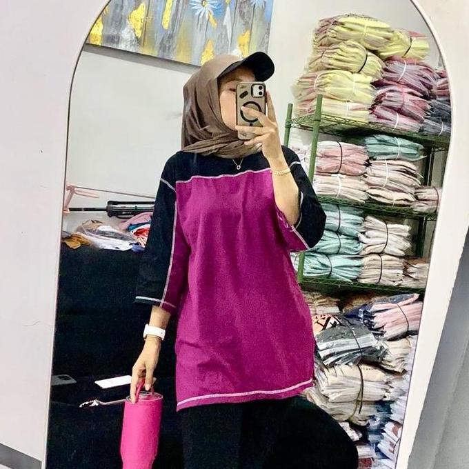 Cntikk- Namina - Kaos Wanita Oversize Lengan 3/4 Model Jahit Outside / Jahitan Luar Basic Polos Komb
