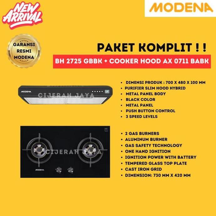 Kualitass- Modena Paket Kompor Tanam 2 Tungku Bh 0725 + Slim Hood Px 6001