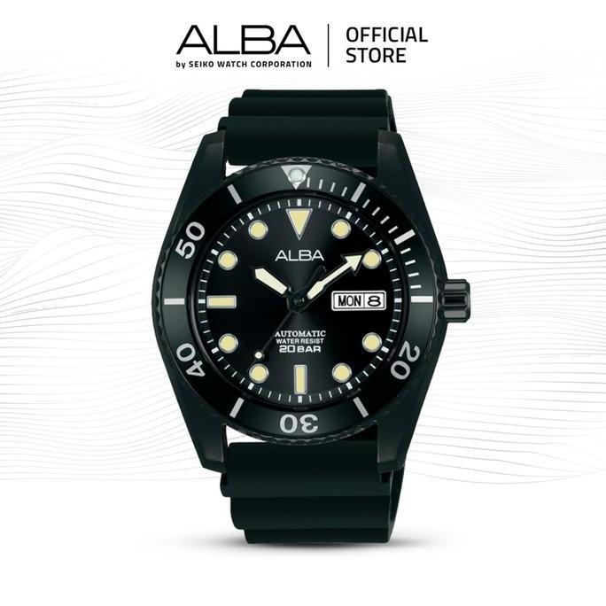 Alba Mechanical Jam Tangan Pria AL4297 / AL4297X1 Automatic Black Dial Rubber Strap Watch