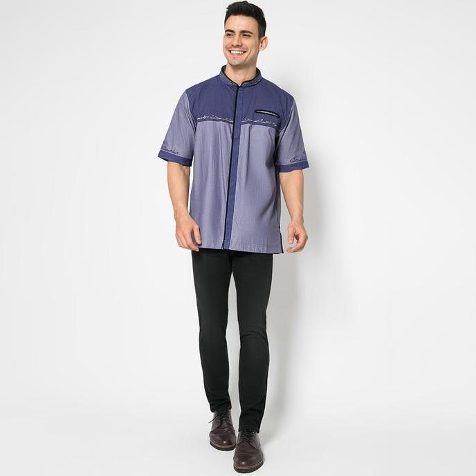 Lgs - Baju Koko Pria - Lengan Pendek - Biru Kombinasi - Motif Bordir - Jsh.385.S721Kf.230.C