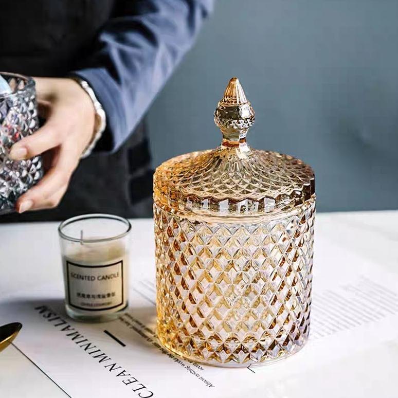 Toples Kaca Kristal Glassware Toples Kue Stoples Permen Motif Wajik Ukuran Besar & Kecil Tempat Maka