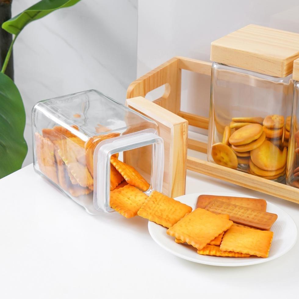 Informa Carley Set 3 pcs Stoples Kaca Dengan Rak Jar Tempat Simpan Snack Dan Permen Setoples Toples 