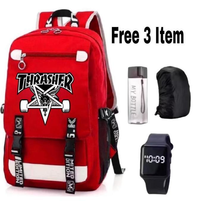 Tas Ransel Thrasher Skateboard Style Bonus Jam Tangan, Botol Minum & Jas Hujan - Tas Anak Cowok Thra