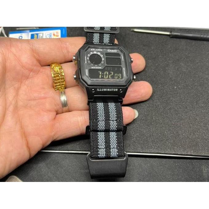 Casio AE-1200 Royale Stealth Black strap French Marine Nationale Diver Parachute Parasut Elastic Nat