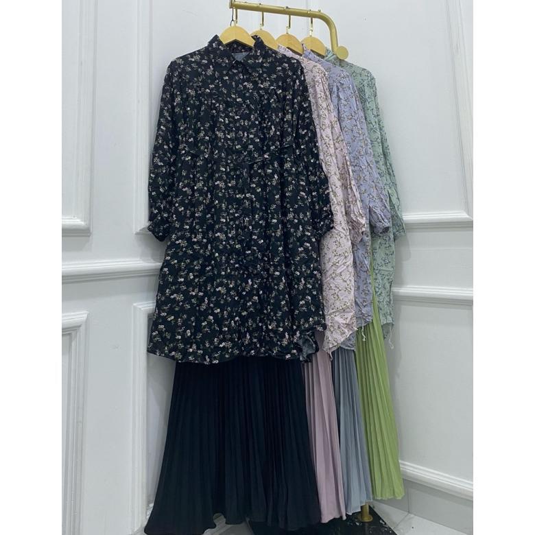 Setelan Rok Motif Bunga Atasan Rayon Kancing Busui Dan Rok Plisket Jumbo