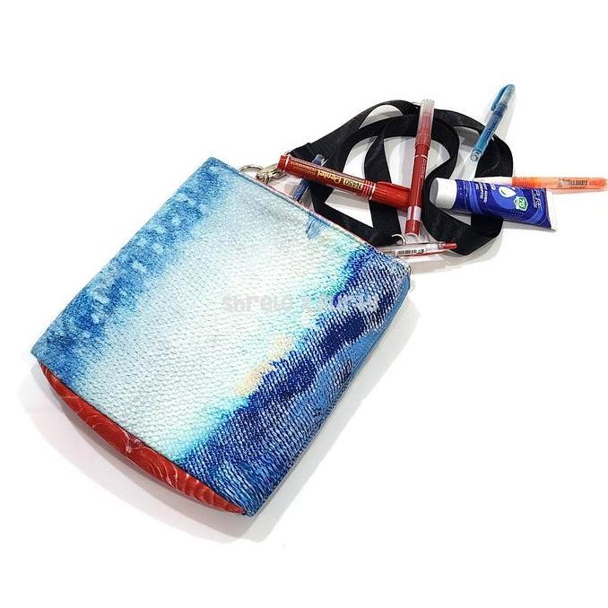 Tas Selempang Shrelo Shoulder Bag Puffy Bentuk Badan Ikan Tuna Biru Slice Bahan Linen Kado Kocak Uni