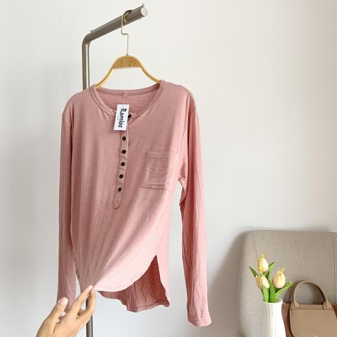Grosir Atasan Oblong Basic Rayon Ramise - Kaos Lengan Panjang Busui Friendly - Baju Oval Kancing Ram