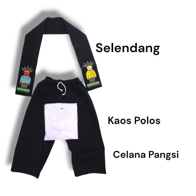 Setelan Baju adat Jawara Betawi dapat Celana Pangsi Selendang OndeldanKaosPolos
