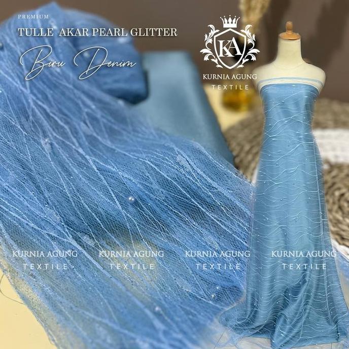 Premium Kain Tile Akar Mutiara Glitter/Kain Brukat Tile Modern Warna Denim Biru Bahan Gamis, Dress, 