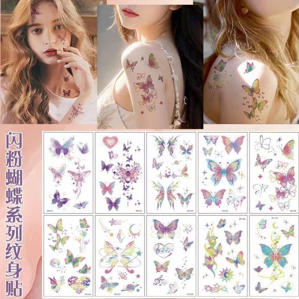 Stiker tato kupu-kupu berkilau berwarna  Tato Temporer Tahan Air tato keren tahan