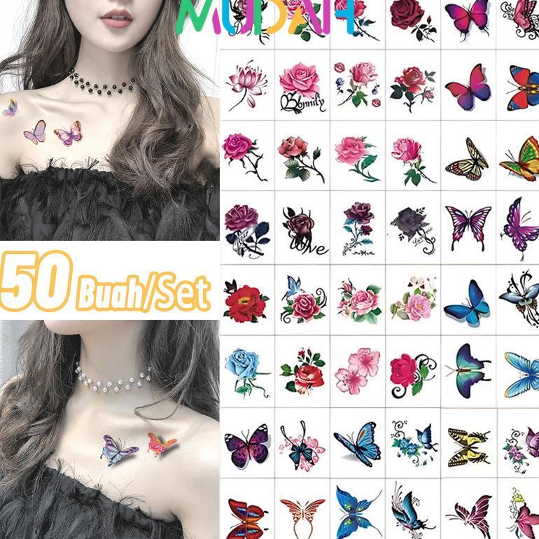 50Pcs  Air Motif Bunga Kupu-Kupu Tato Temporer Tahan 3D Desain Bunga tahan air wajah mata tangan dad