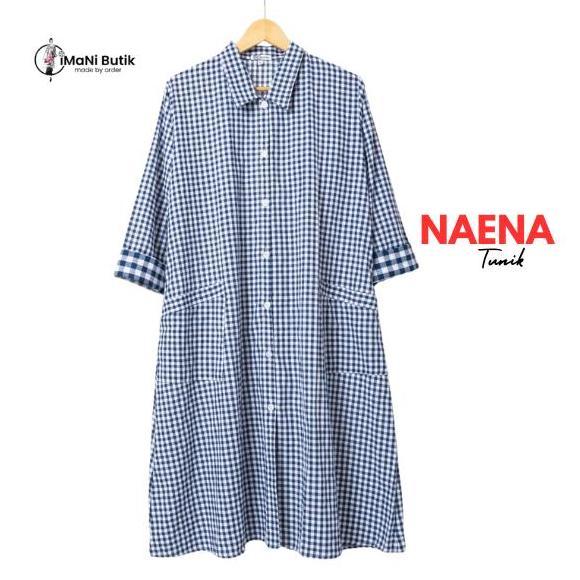 Imani Butik | Fashion Muslim Tunik Naena Kotak Casual Katun Dress Midi Baju Atasan Panjang Pendek Im