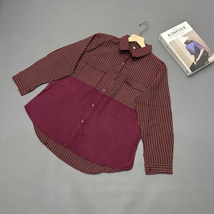 Termurah  Luna Blouse Kombinasi - Kemeja Blouse Salur Mix Rayon Twill Premium - Atasan Wanita