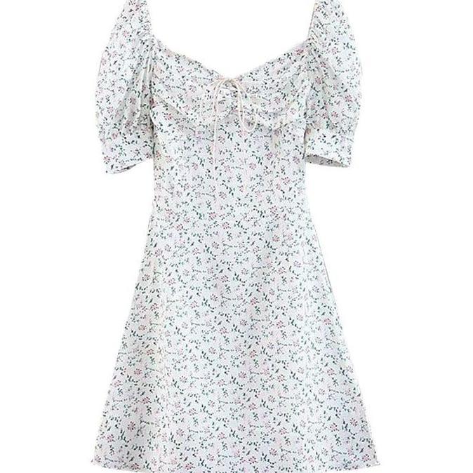 Xyxy- Miyeon Dr392 Korean Mini Retro Dress Motif Bunga Wanita Model Sabrina Gaun Vintage Pantai Casu