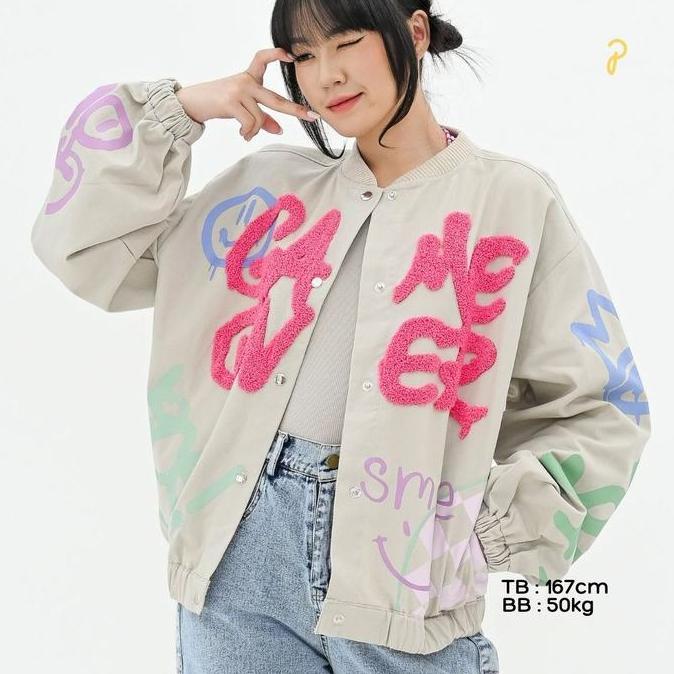 Fwbgy- Pakepakaii Jacket Main Bomber Jacket Bordir Bulu Hitam Katun Jaket Wanita Abu Coklat Oversize