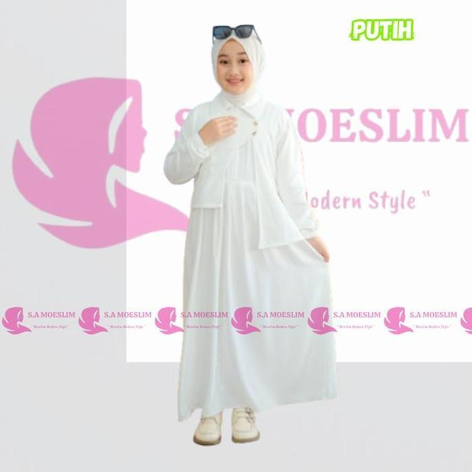 S.A MOESLIM Afifah Dress Gamis Anak Putih Modern Gamis Lebaran  Gamis Anak Bahan Rayon Twill Mix Kni