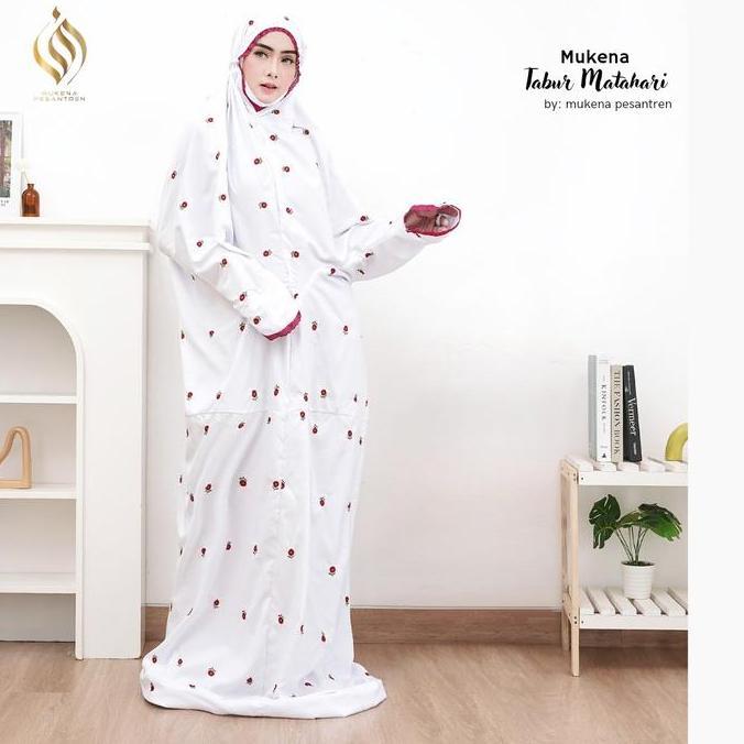 DISKON MUKENA TERUSAN KAIN KATUN MICRO BORDIR BUNGA MATAHARI (BEST SELLER) MUKENA  PUTIH SANTRI MUKE