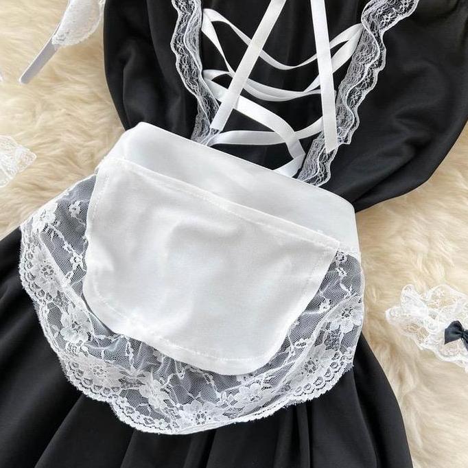Promo Lingerie Sexy Premium Lengkap Model Cosplay Pelayan Renda Hitam Putih Rok Mini Ketat Baju Tidu