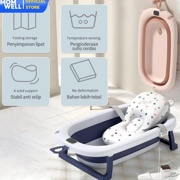 Momwell Bak Mandi Bayi Lipat dengan Bantal Mandi Tempat Mandi Bayi Portable Merah jaringmandi baby b