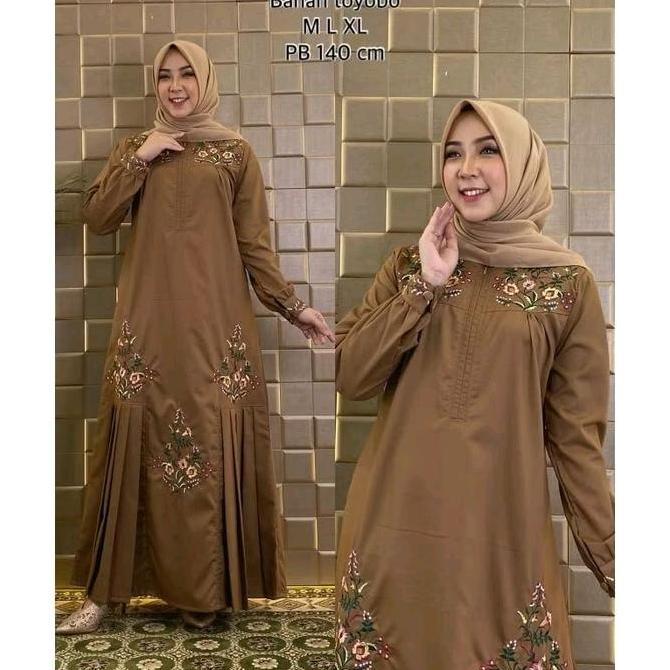 Murah Gamis Bordir Bunga Toyobo Premium Busui Friendly Wudhu Friendly - Radiafashion - Pesta, Katun,