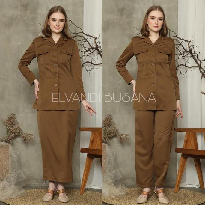 Setelan Jas Wanita Blazer Model Saku Atas Seragam Guru Baju PNS & Pemda - 7005 Khaki Tua Gelap