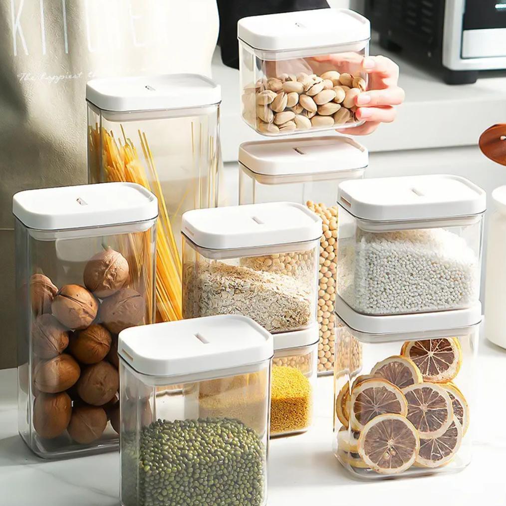 Toples Kotak Snack Kedap Udara / Toples Snack Bening Tebal / Toples Pasta Tebal Putih.