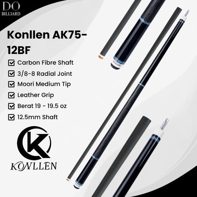 Stick Billiard KONLLEN AK75-12F Carbon Cue Leather Grip Low Deflection / Stick Konllen AK75-12F