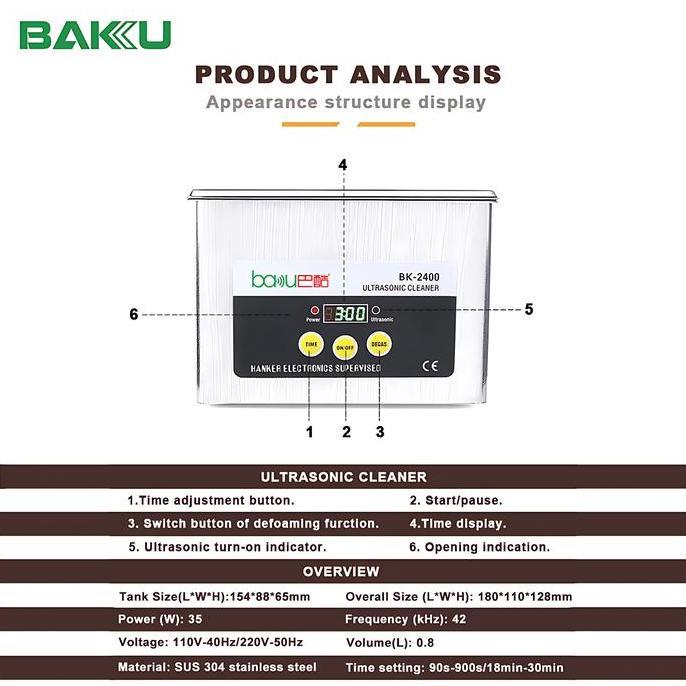 Clapix- Baku Bk-2400 0.8 Liter Stainless Steel Ultrasonic Cleaner Digital