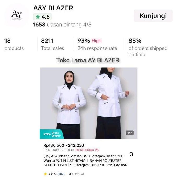 (BEST SELLER) [05] A&Y Blazer Baju Seragam PDH Guru / PNS Wanita Warna PUTIH LIST HITAM | Seragam Ke