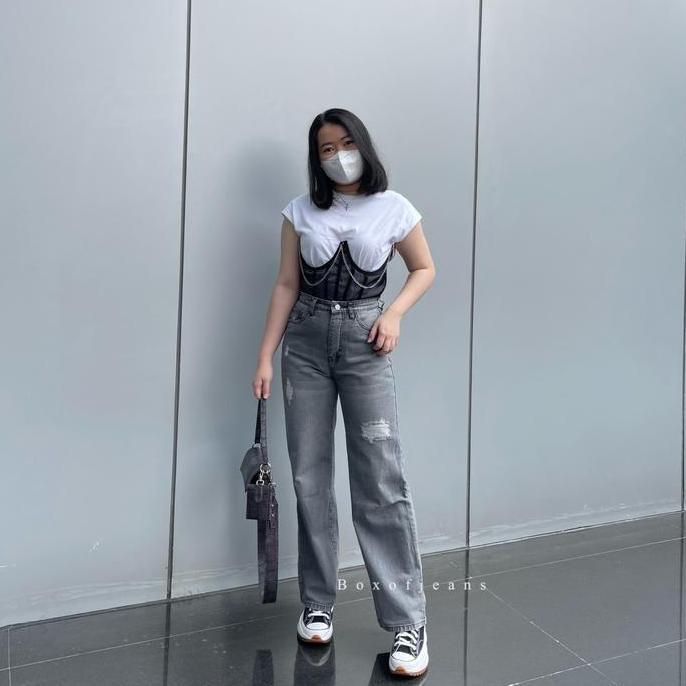 Termurah Boxofjeans - Milly Ripped Hw Loose Jeans - Grey // Celana Panjang Wanita High Waist