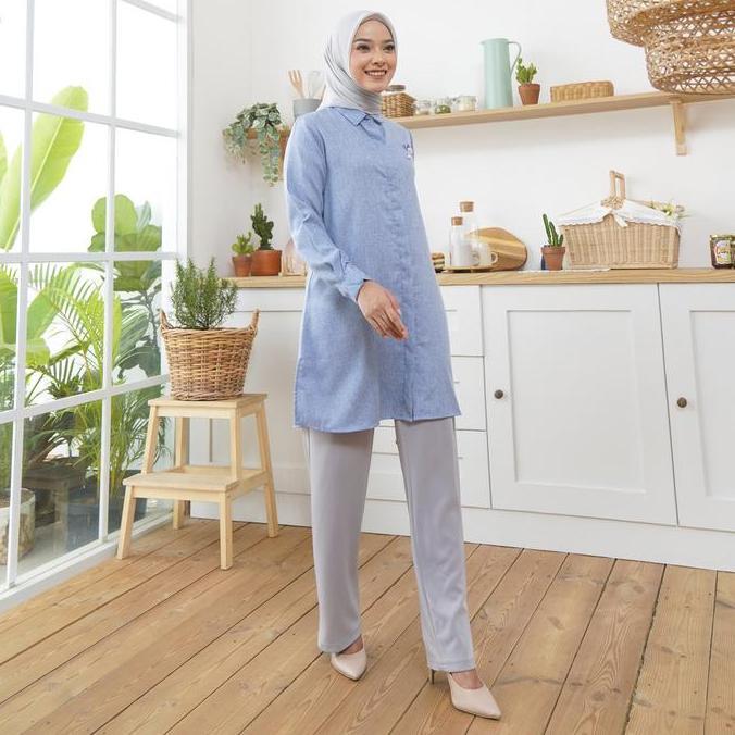 Cantek- Wulfi Atasan Kemeja Tunik Day To Day Katun Cotton Madinah Misty Blue Kantor Muslim Nyaman Pa