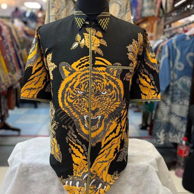 (BEST SELLER) Kemeja batik pria tangan pendek katun smock bordir motif harimau