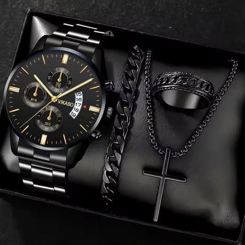 New 4Pcs Jam Tangan Kuarsa Pria Bisnis Skala Romawi Dial Bulat Tali Jam Tangan Stainless Steel Kalun