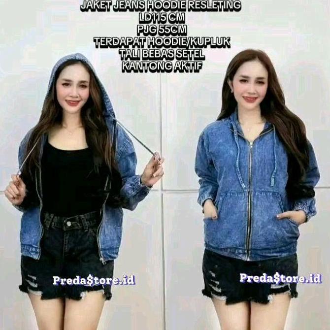 (BEST SELLER) Jaket hoodie jeans Zipper  Wanita Bahan Tebal Lembut Panjang Jumper Denim Outfit Hitam