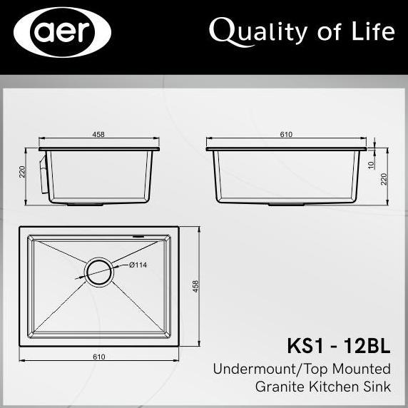 AER Bundling Kitchen Sink Bak Cuci Piring Dapur Granite 1 Bowl Topmount Undermount Flushmount Granit