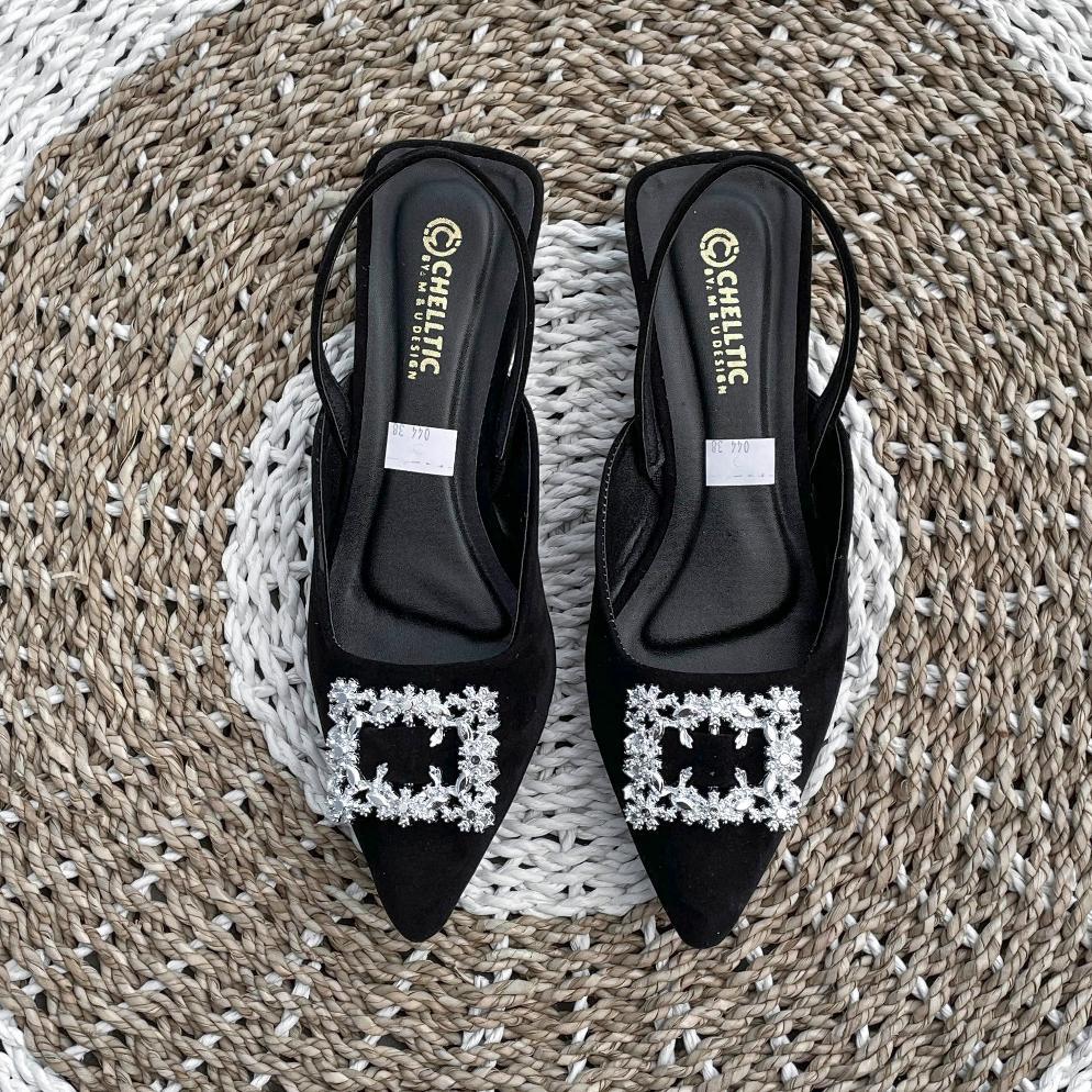 GALAXY Sepatu Flat Slip On Mules Wanita Hak Tahu 2cm Terbaru|Sepatu Pesta Wanita Casual Manik-Manik 