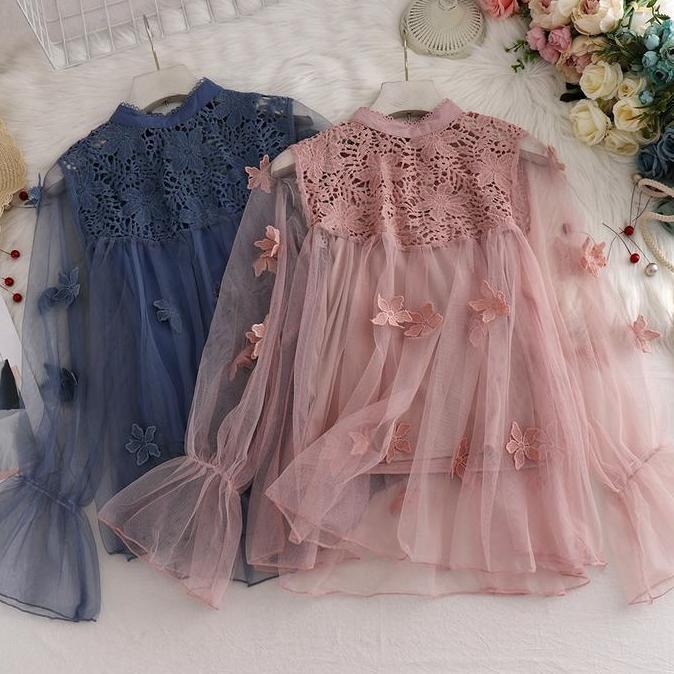 2 potong kemeja + rompi Korea longgar 3D tiga dimensi bunga renda atasan lengan panjang