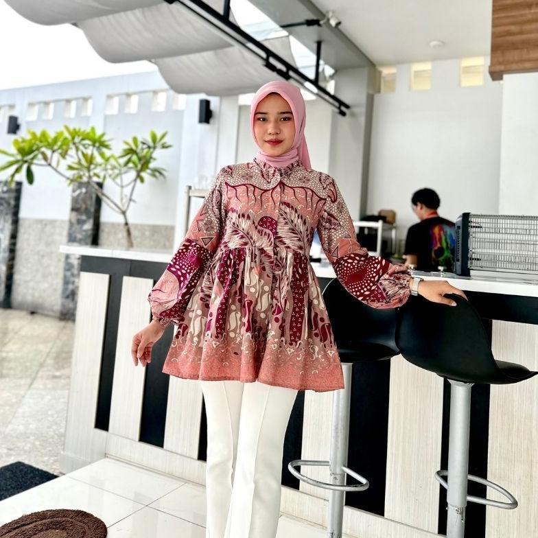 HABISIN STOK RASARAYA BATIK Chaya Blouse Wanita Katun - Atasan Batik Kerja Kantor Soft Pink Tangan B