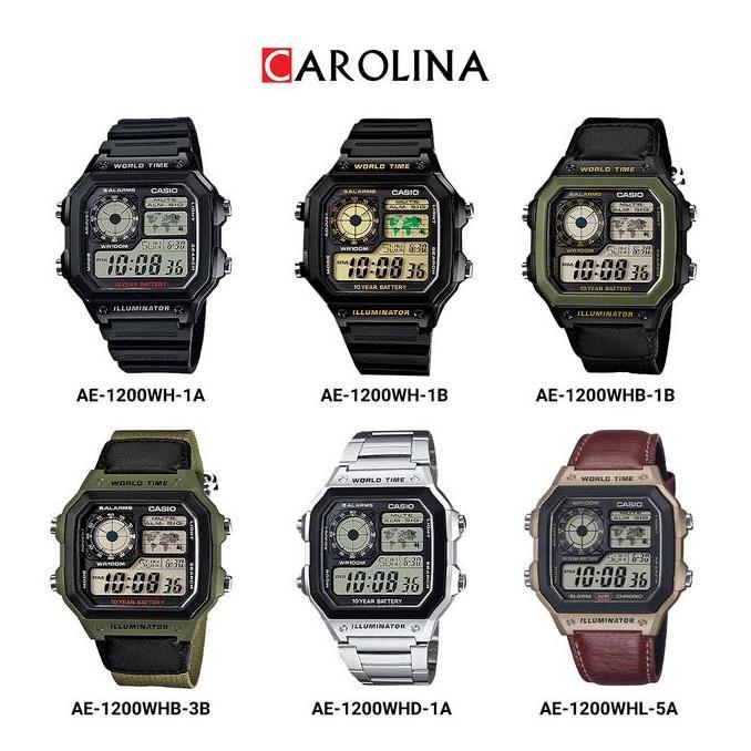 Wgwg- Jam Tangan Pria Casio Ae-1200Whd-1A Digital Quartz Watch Black Dial Stainless Steel Strap