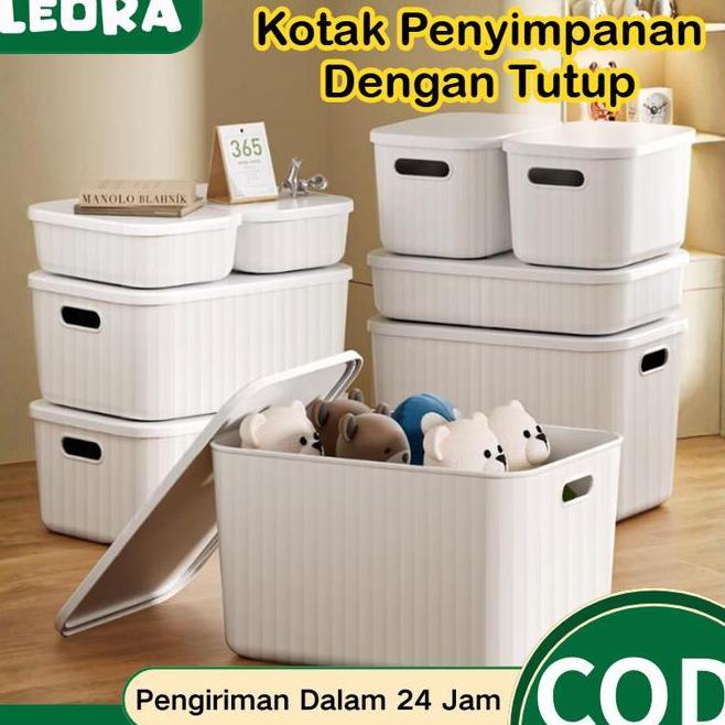 Leora Kotak Penyimpanan Plastik Susun Dengan Tutup Storage Box Container Bin Pantry Organizer Keranj