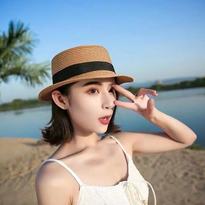 Whynot- Topi Jerami Wanita Bulat Musim Panas Anti Uv Gaya Korea - Hat Summer Women Import Topi Rajut