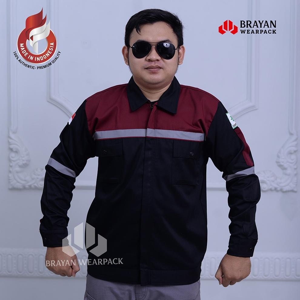 Baju Safety Lengan Panjang Wearpack K3 Reflektif Bahan American Drill Warna Hitam Merah