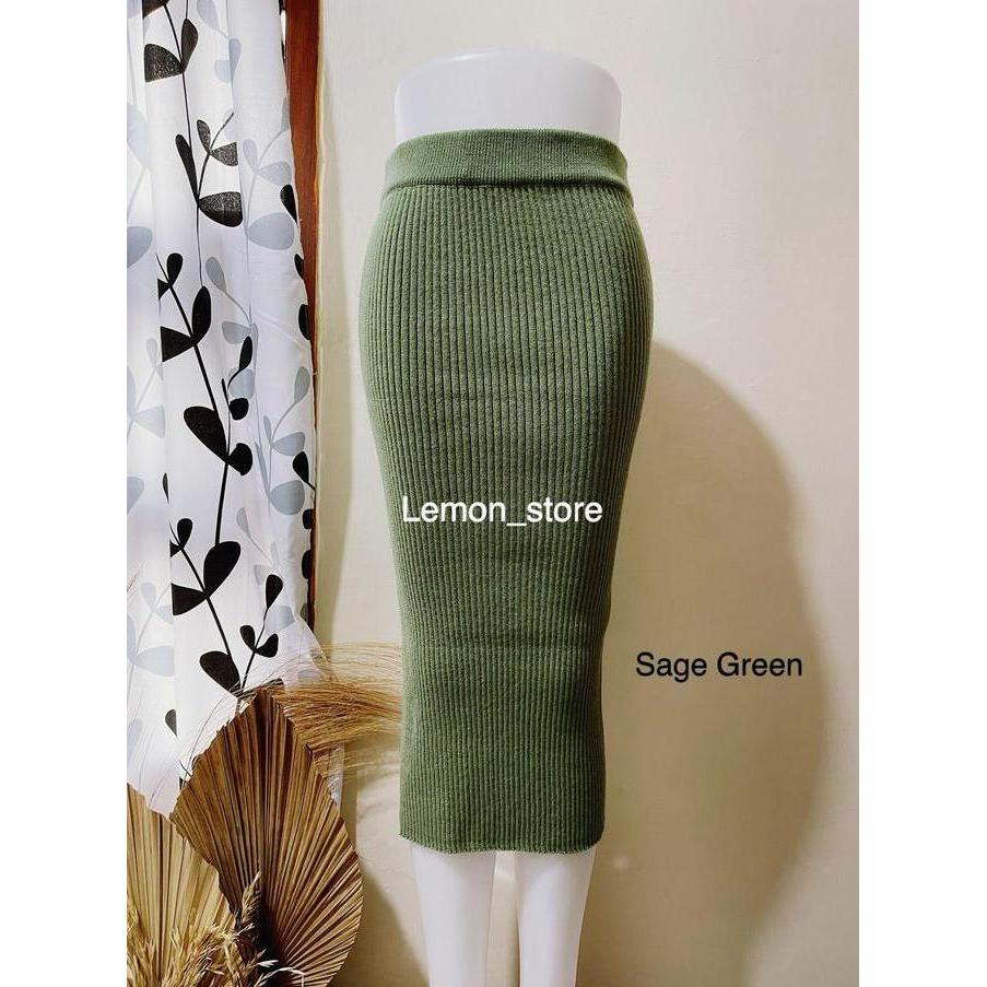 Pastikirim- [Tidak Menerawang-Tanpa Belahan-Tidak Kaku] Rok Span Knit Rajut 3/4-Midi Skirt Wanita Ke