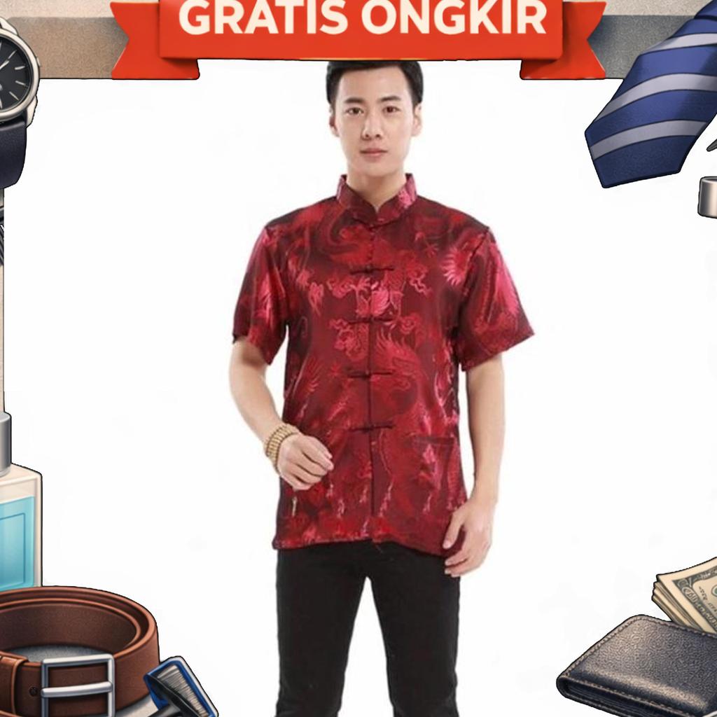 Restok Cheongsam Pria Lengan Pendek Motif Naga Import