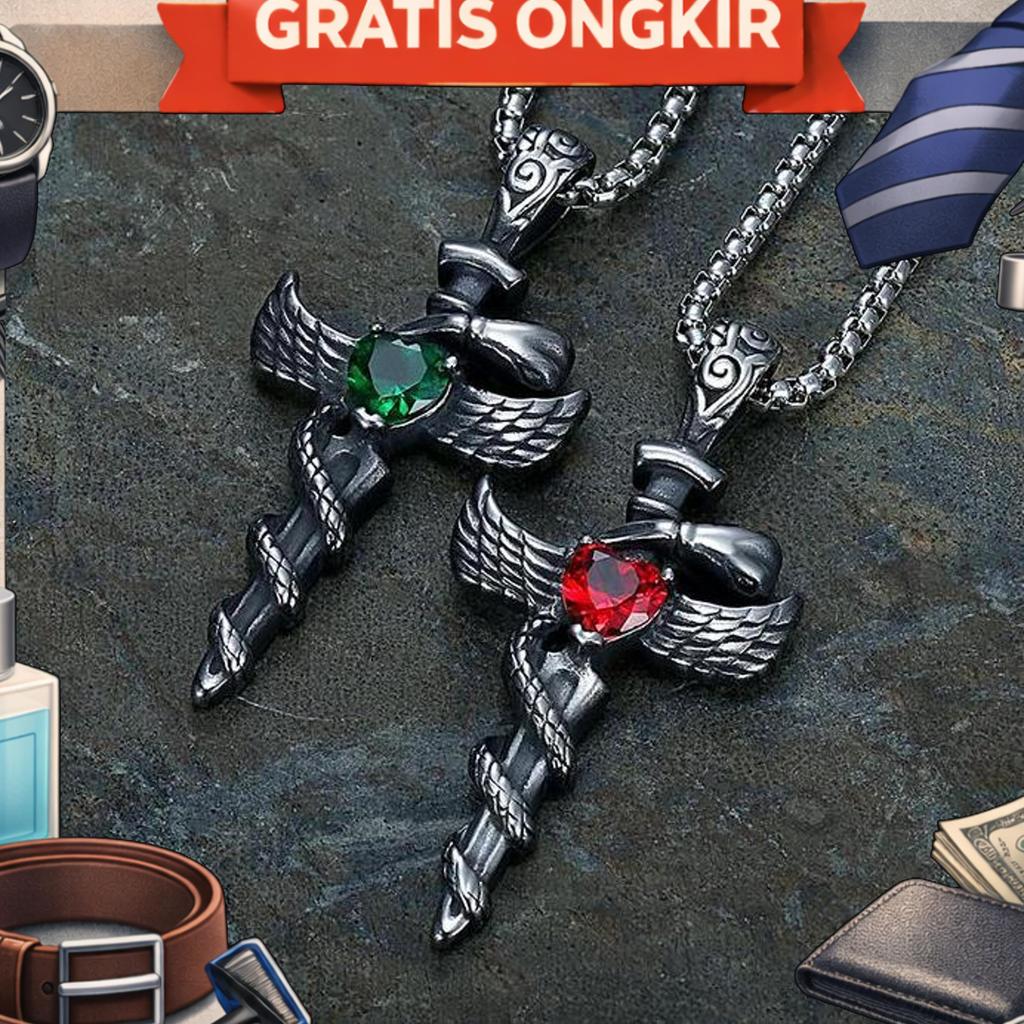 Kalung Salib Pria Liontin Sayap Pedang Ular Batu Merah / Hijau Titanium Asli Anti Karat Kalung Salib