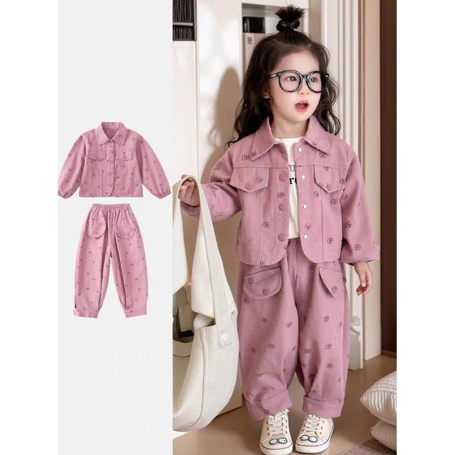 Promo Korea Style Setelan Anak Perempuan One Set Jaket 100% Katun+Celana Panjang Motif Bunga Baju Ma